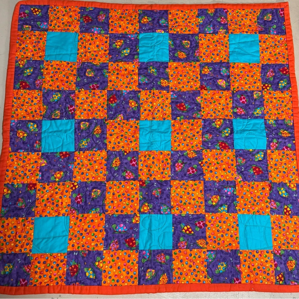 Handmade Patchwork Quilted Throw Bright Orange, Purple & Turquoise 39x39 turtle